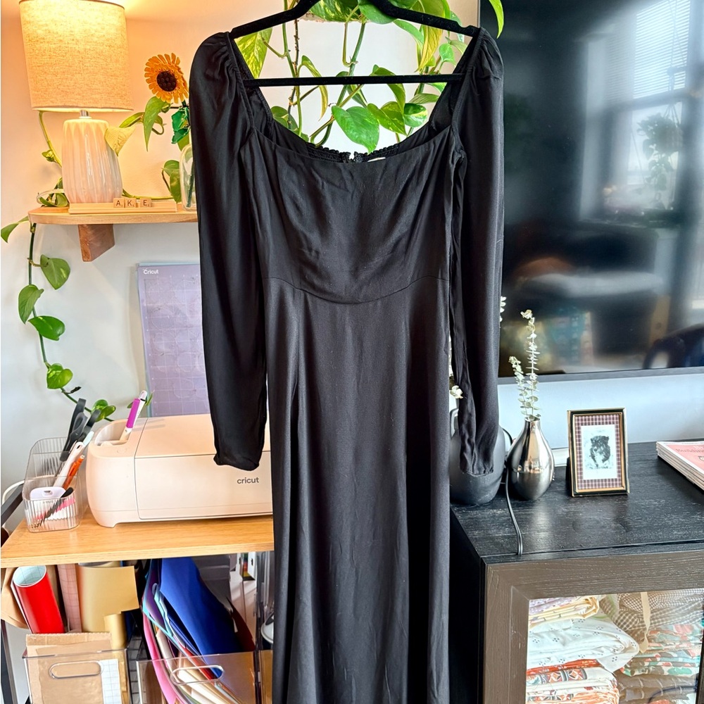 Reformation Black Long-Sleeve Square Neck Midi Dress